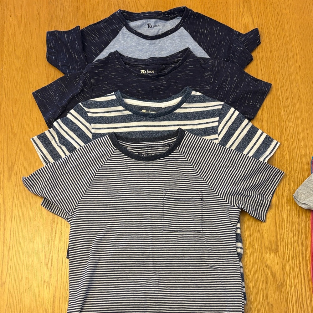 Set of 4 Boys Striped and Solid Blue T-Shirts - age 4 to 5 years old